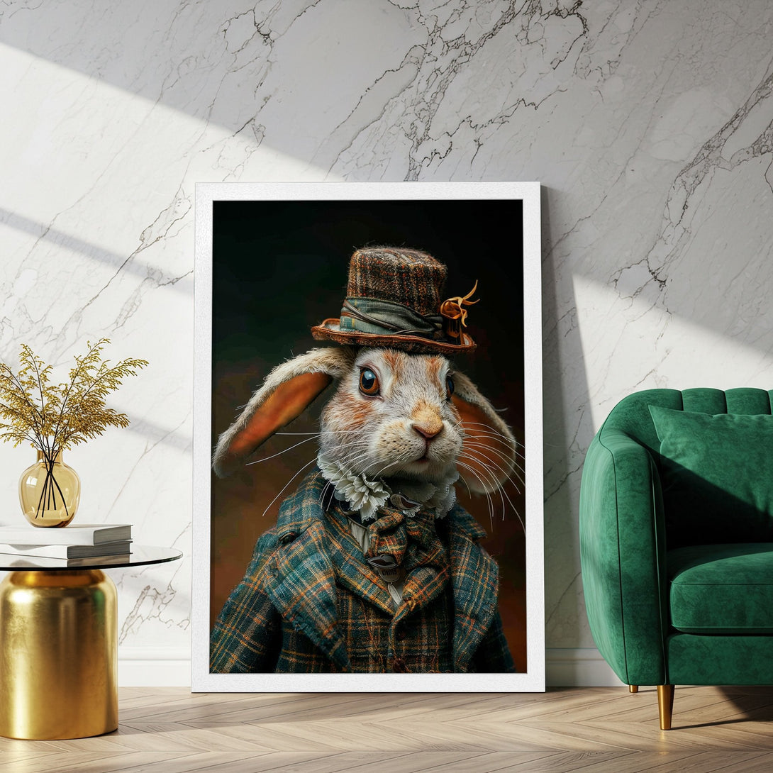 Framed Poster featuring a dapper rabbit in a plaid coat, vintage style, warm brown and green tones. Perfect wall art!