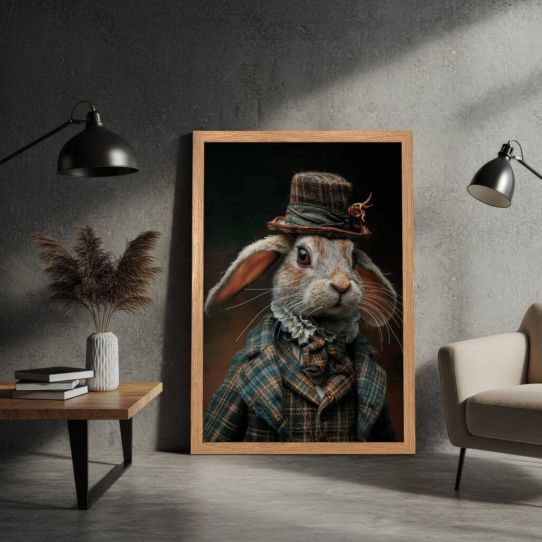 Framed Poster featuring a dapper rabbit in a plaid jacket. Vintage style with a warm, earthy color palette. Perfect wall art!