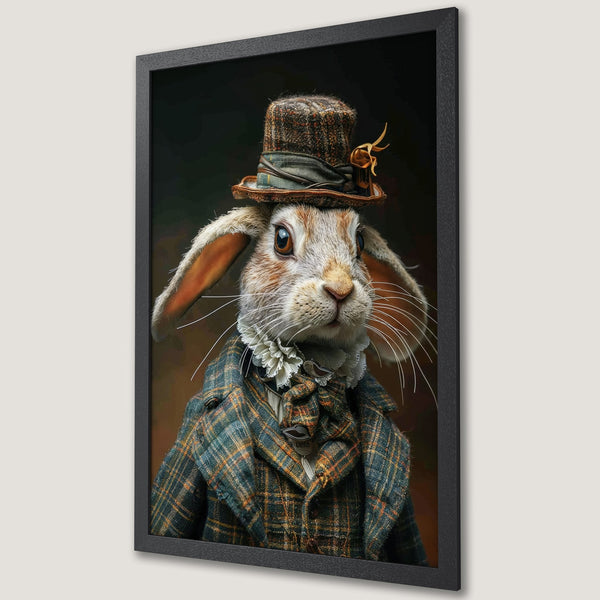 Framed Poster featuring a dapper rabbit in a plaid coat and hat. Warm color palette, whimsical style. Perfect wall art!