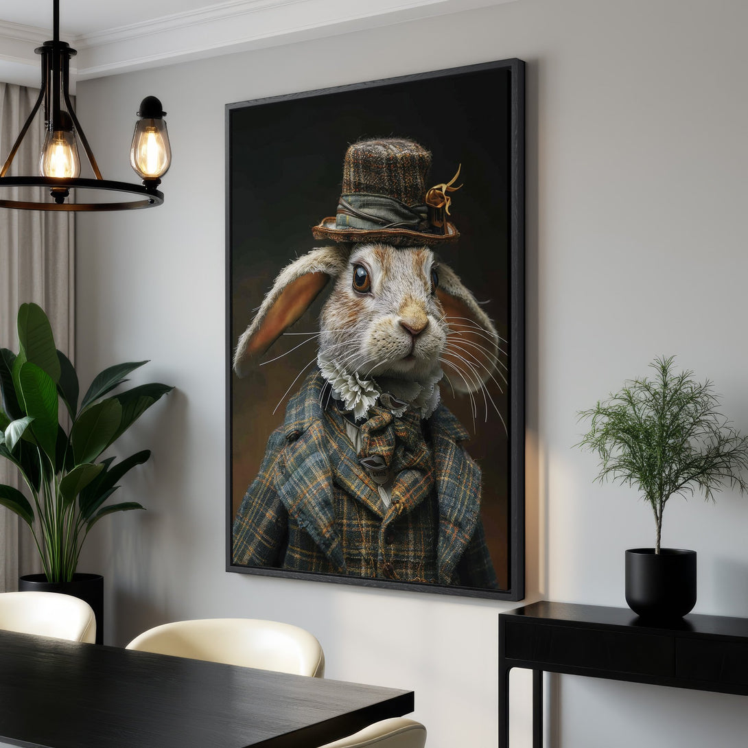 Framed Wall Art: Dapper rabbit portrait in a vintage style, featuring a plaid jacket and hat. Earthy tones with green and brown accents. Perfect for home decor.