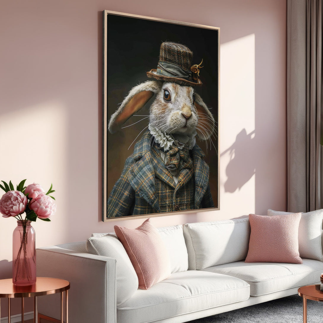 Framed Wall Art featuring a dapper rabbit in a plaid coat, displayed in a pink-toned interior. A whimsical, vintage-inspired piece with warm color palette.