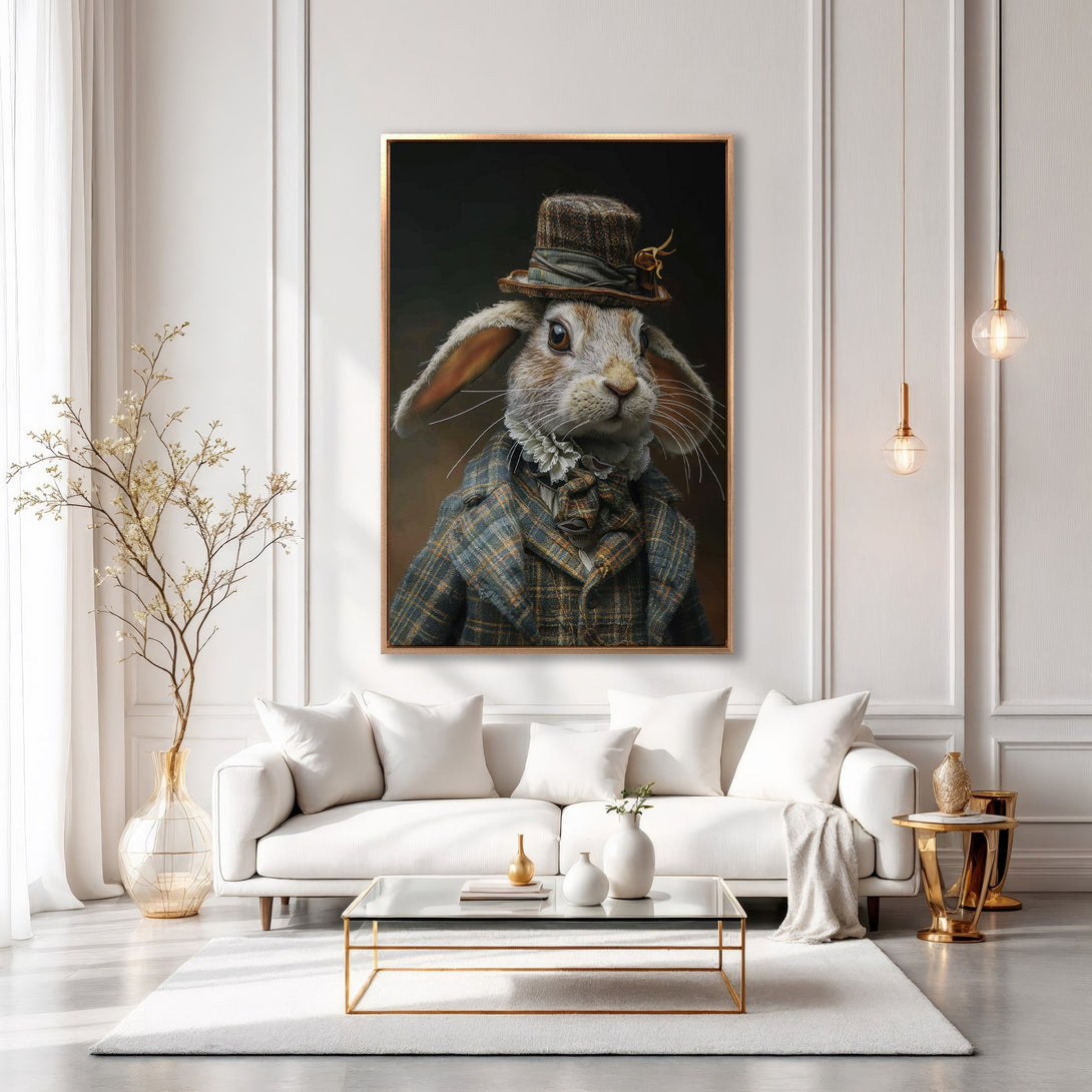 Framed Wall Art featuring a dapper rabbit portrait in a classic style. Earthy tones and a touch of whimsy for elegant home decor.