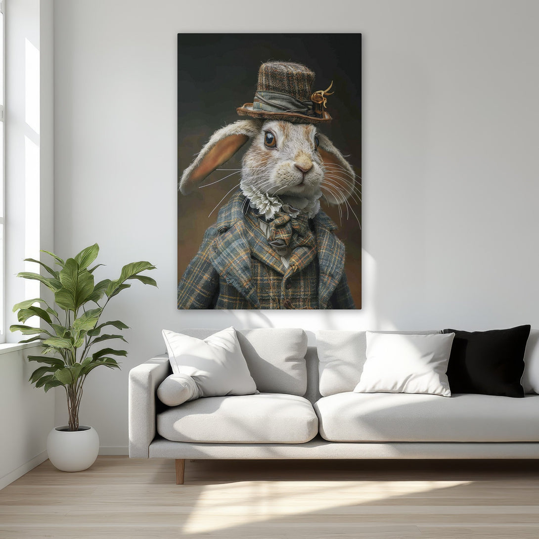 Framed Wall Art: Dapper rabbit portrait in a vintage style, featuring a plaid jacket and hat. Earthy tones with gold frame, perfect for adding character.