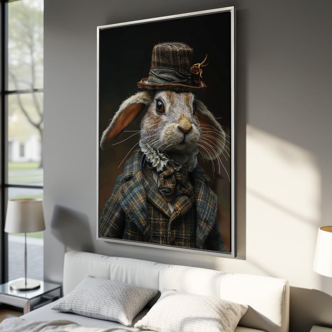 Framed Wall Art: Dapper rabbit portrait in plaid jacket, warm earthy tones. Unique home decor, perfect for a stylish bedroom.
