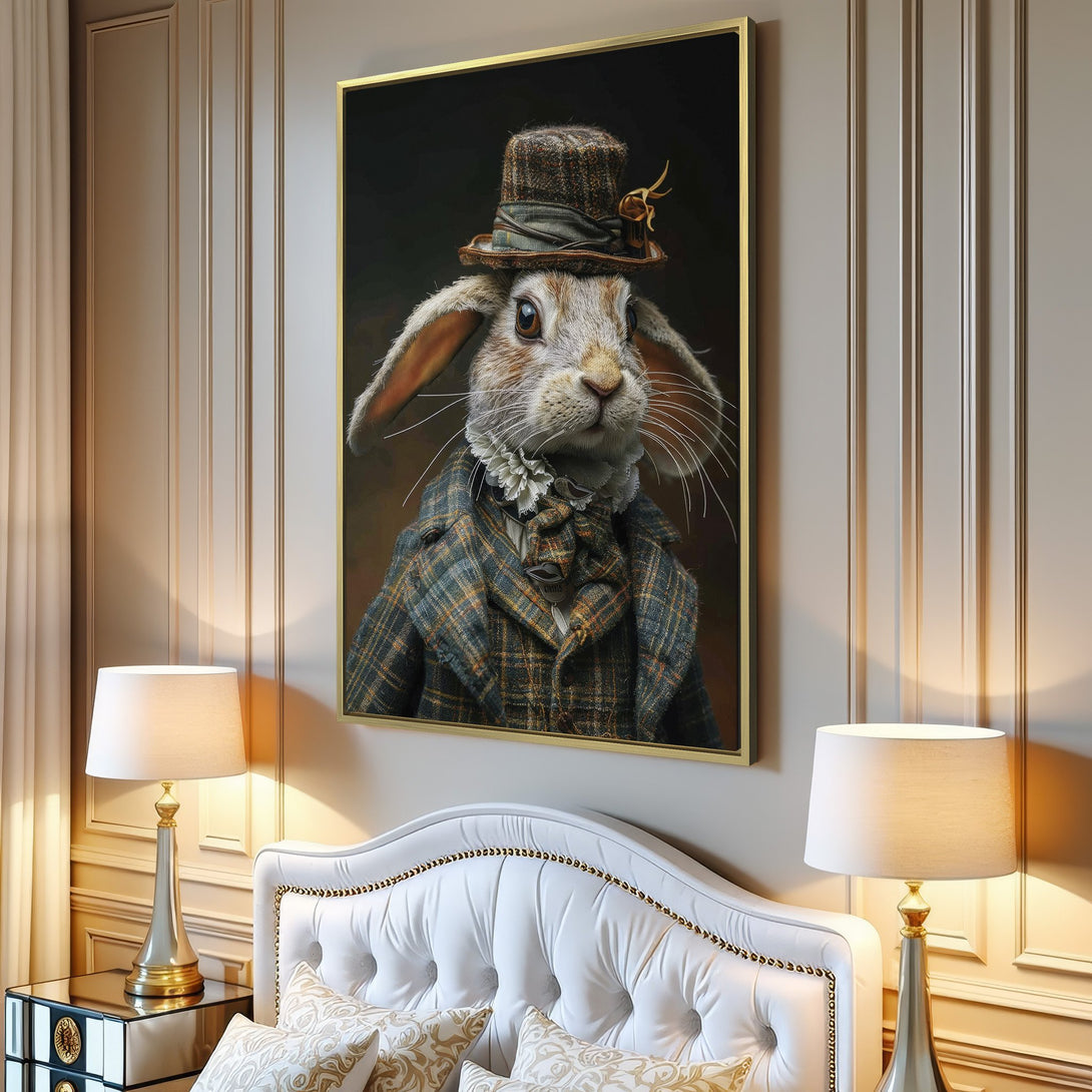 Canvas Print featuring a dapper rabbit in a tweed jacket, warm brown and blue tones. Perfect for adding whimsical charm to your home decor.