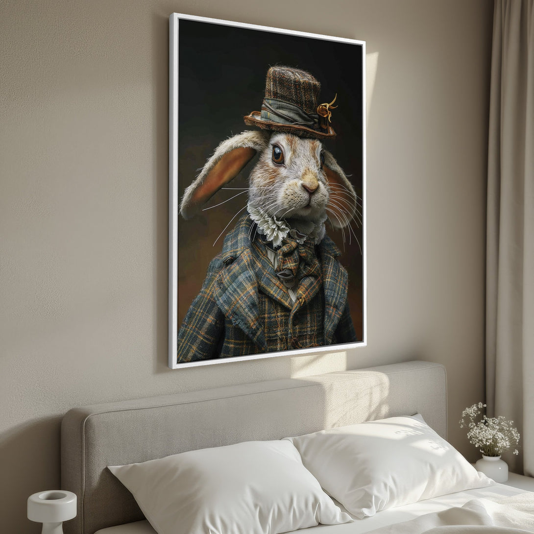 Framed Wall Art featuring a dapper rabbit in a plaid jacket. Earthy tones and a classic style make this canvas print perfect for any room.