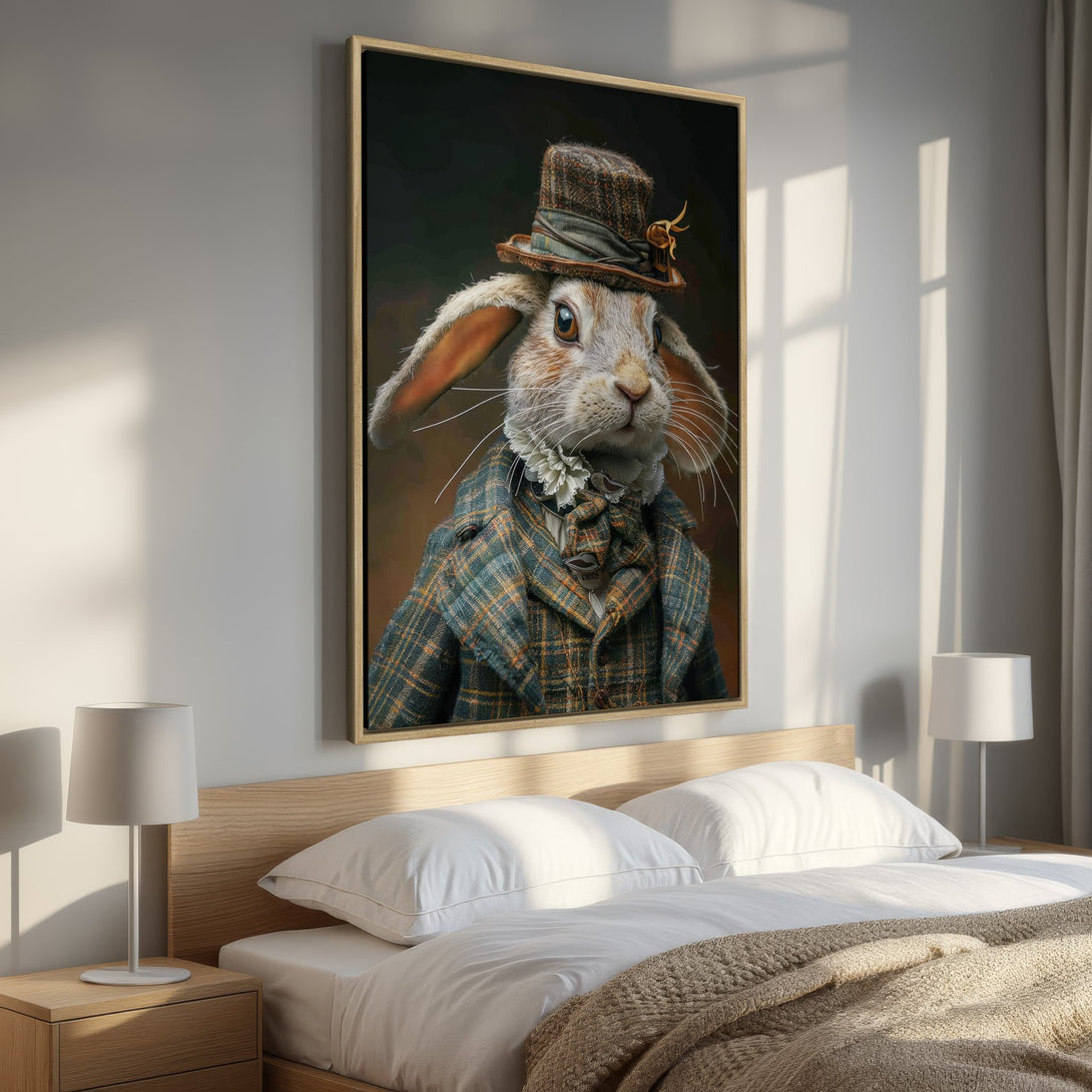 Framed Wall Art: Dapper rabbit portrait in a plaid coat. Earthy tones with a touch of whimsy. Perfect for adding character to your bedroom decor.