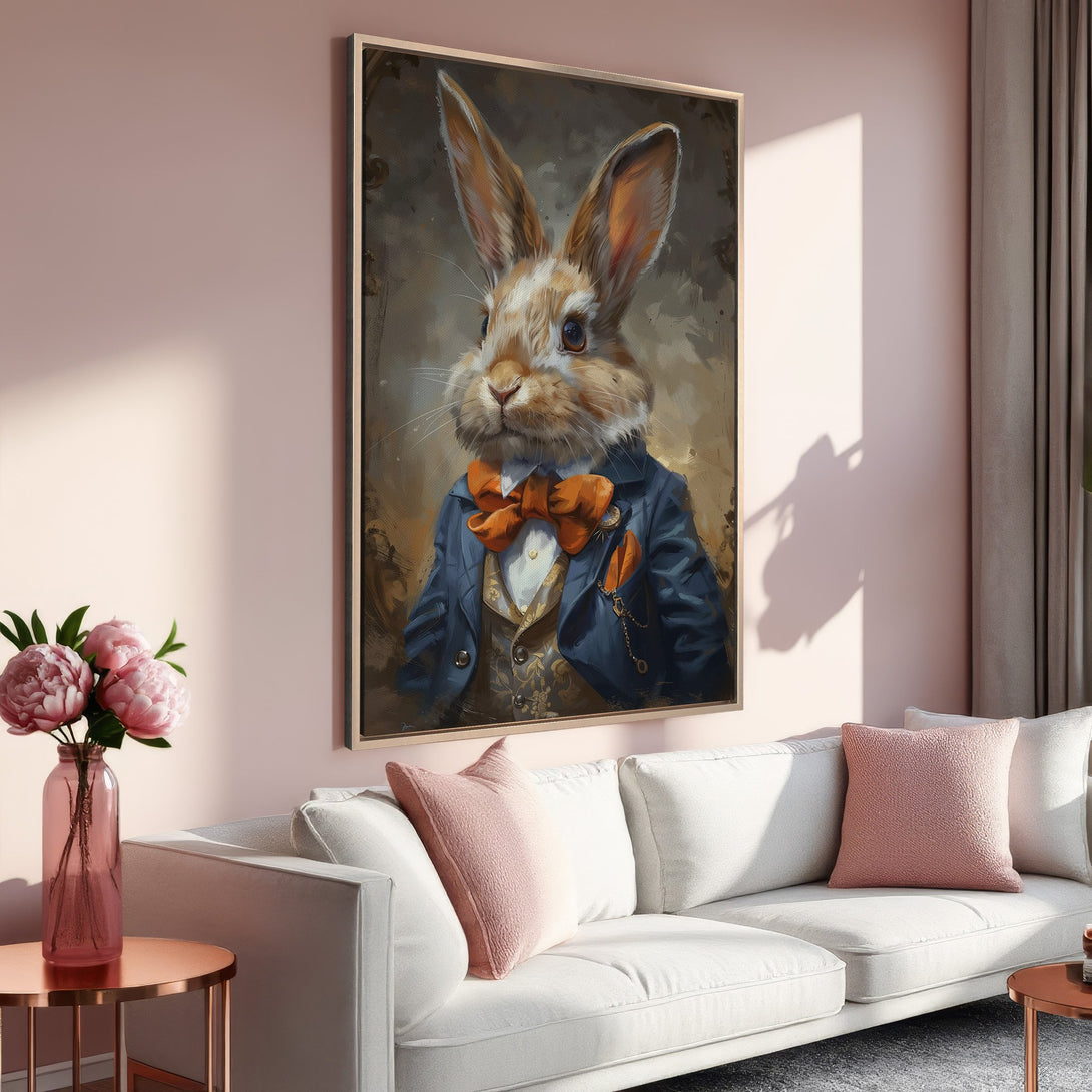 Framed Wall Art of a dapper rabbit in a blue suit, warm color palette. Perfect for adding a touch of whimsy to your home decor.