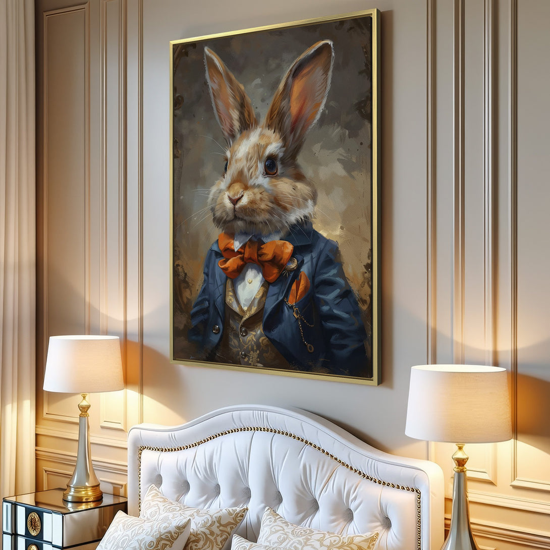 Canvas Print of a dapper rabbit in a blue suit with an orange bow tie.  Artwork displayed in a modern living room with a neutral color palette.