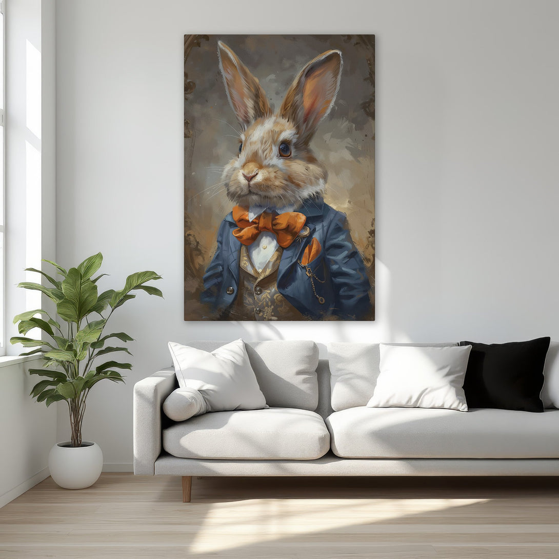 Framed Wall Art of a dapper rabbit in a suit. This whimsical canvas print features a warm color palette, perfect for adding character to any room.