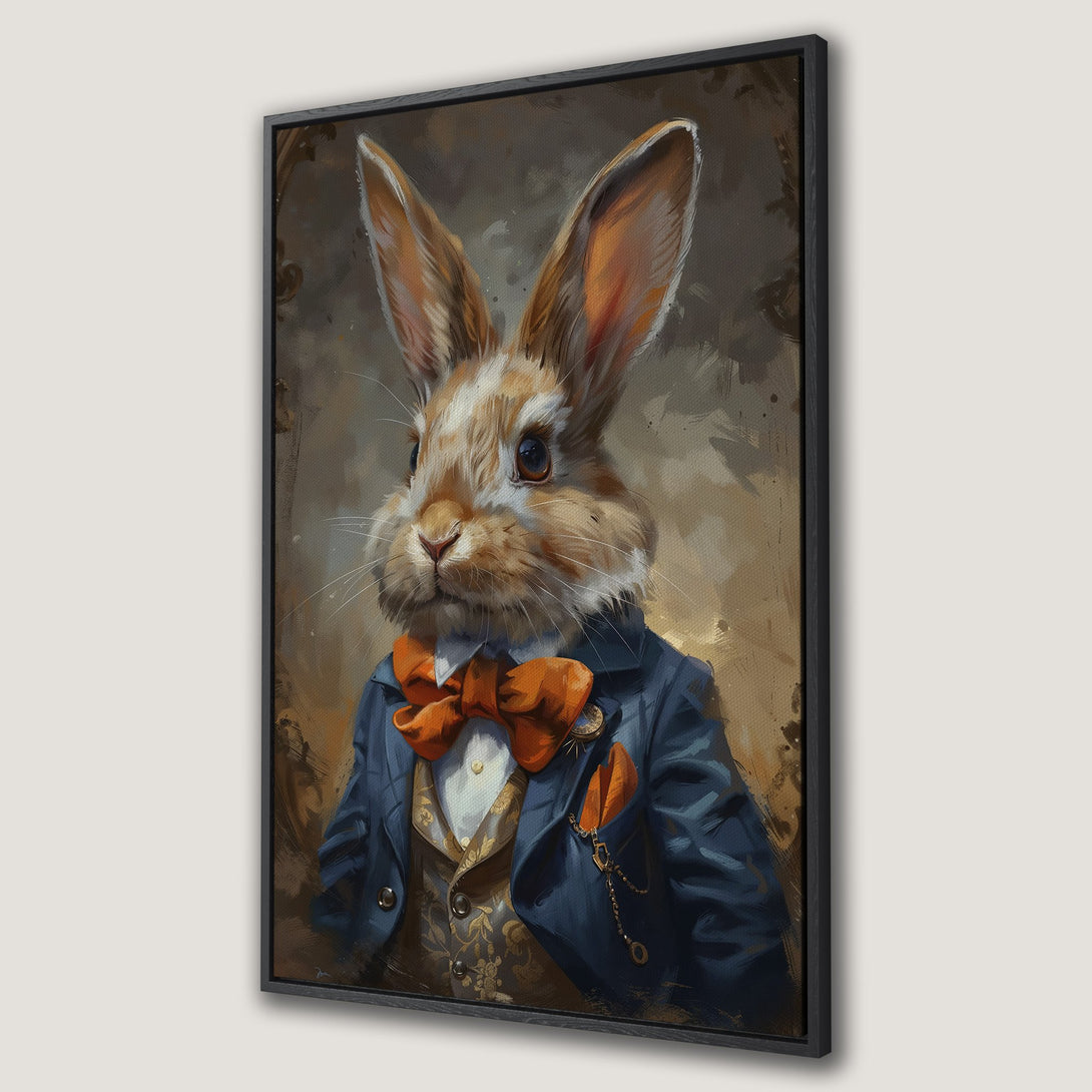 Framed Wall Art: Dapper rabbit portrait in blue and orange, painted in a whimsical, artistic style. Perfect for adding character to your home decor.