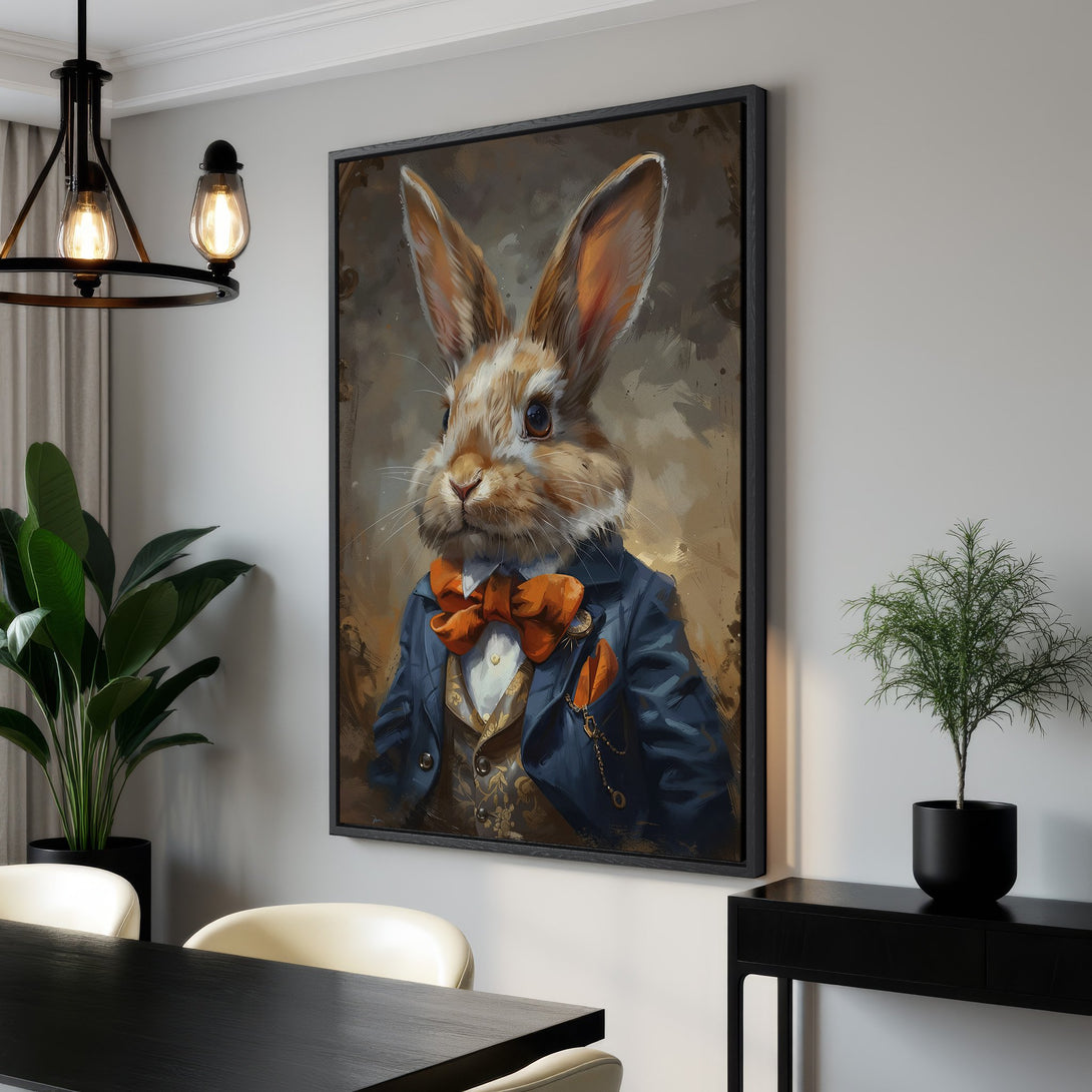 Framed Wall Art: Dapper rabbit portrait in a vintage style with a warm, earthy color palette. Perfect for adding character to your home decor.