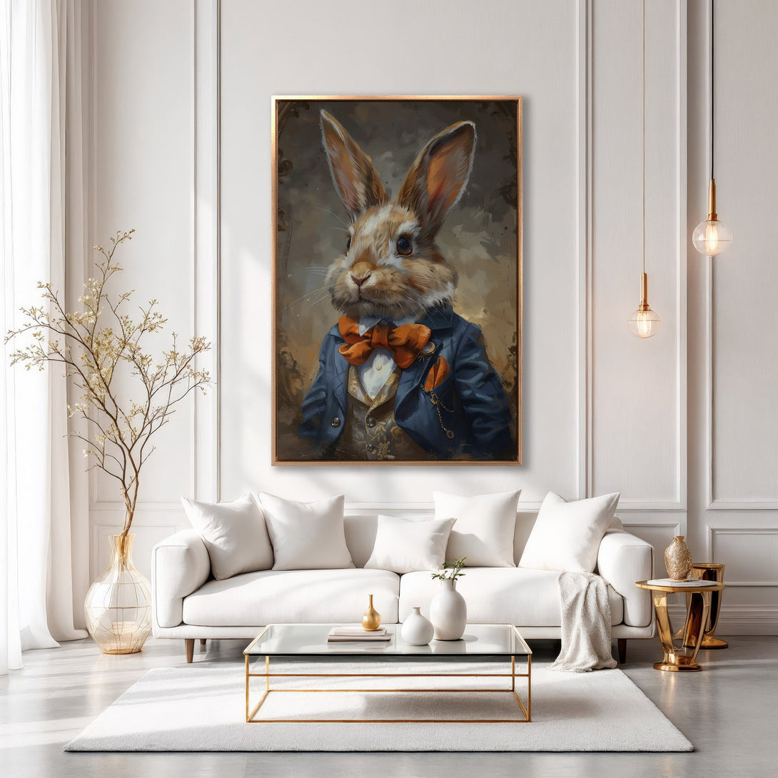 Framed Wall Art featuring a dapper rabbit in a blue suit. Elegant, vintage-style painting with warm, neutral tones. Perfect for adding character to any room!