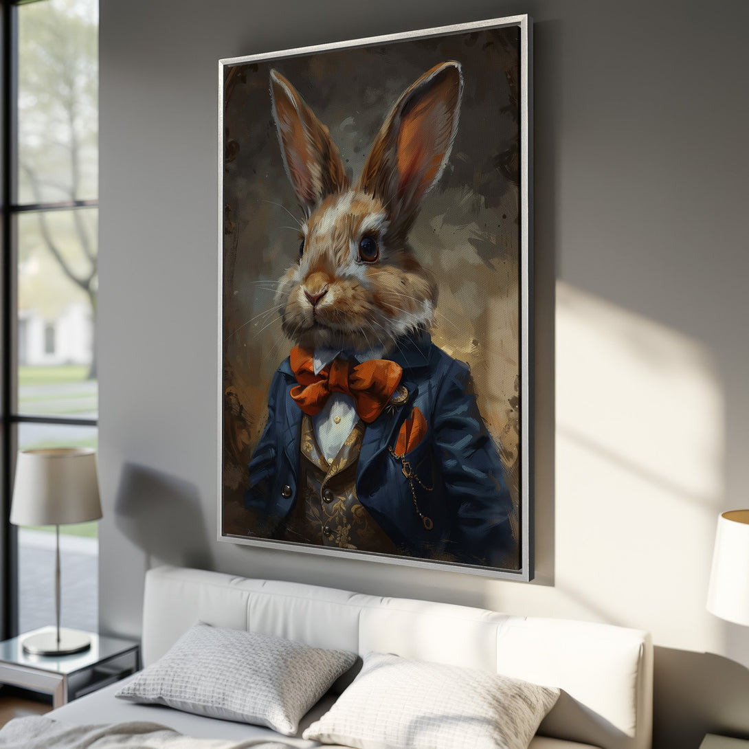 Framed Wall Art: Dapper rabbit portrait in a vintage style, featuring a blue jacket and orange bow tie. Warm, earthy tones complement the interior.