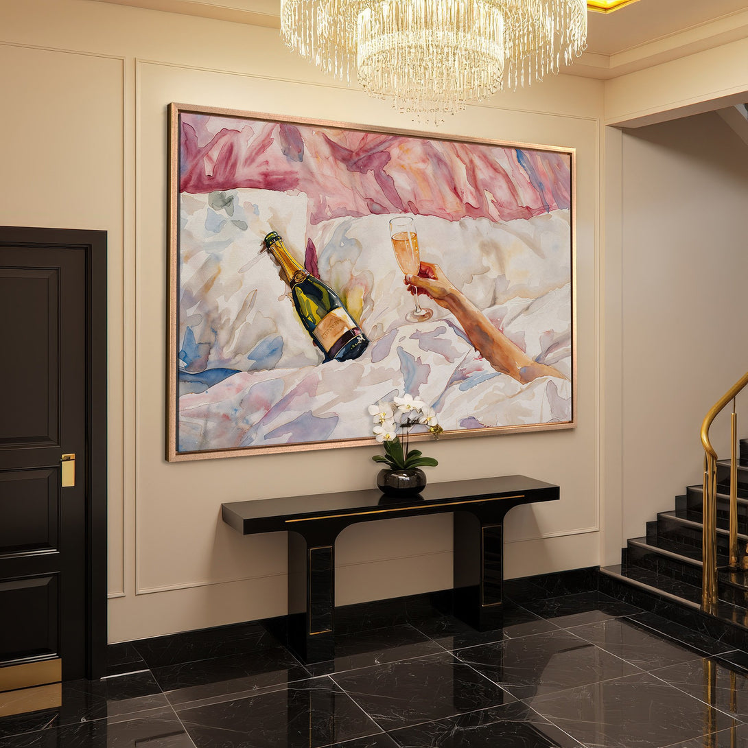 Framed Wall Art: Watercolor painting of champagne in bed, soft pink & blue hues. Perfect for luxury home decor.