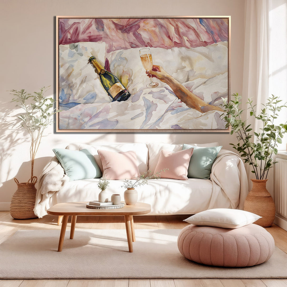 Framed Wall Art featuring a watercolor champagne scene in a blush and blue palette, perfect for adding a touch of elegance to your living space.