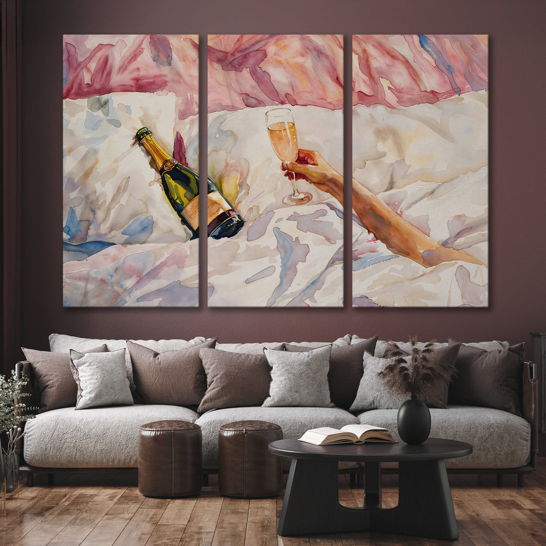 Canvas Print of a watercolor champagne scene, featuring a hand holding a glass. Soft pink, blue, and neutral tones create a relaxed, luxurious vibe.