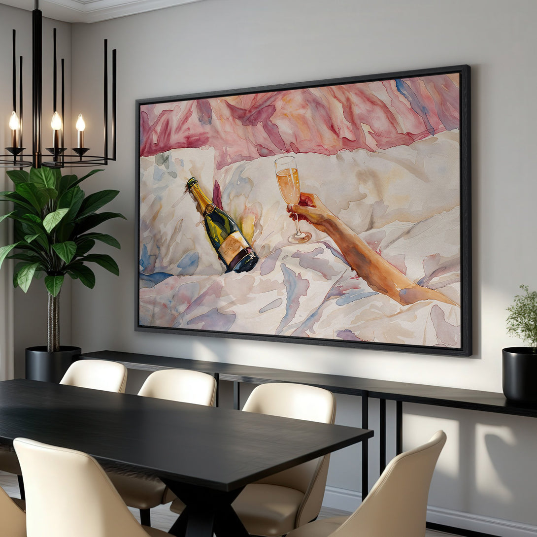 Framed Wall Art featuring a watercolor-style illustration of champagne and a hand. Soft pink and blue hues create a sophisticated and relaxing atmosphere. Perfect for home decor.