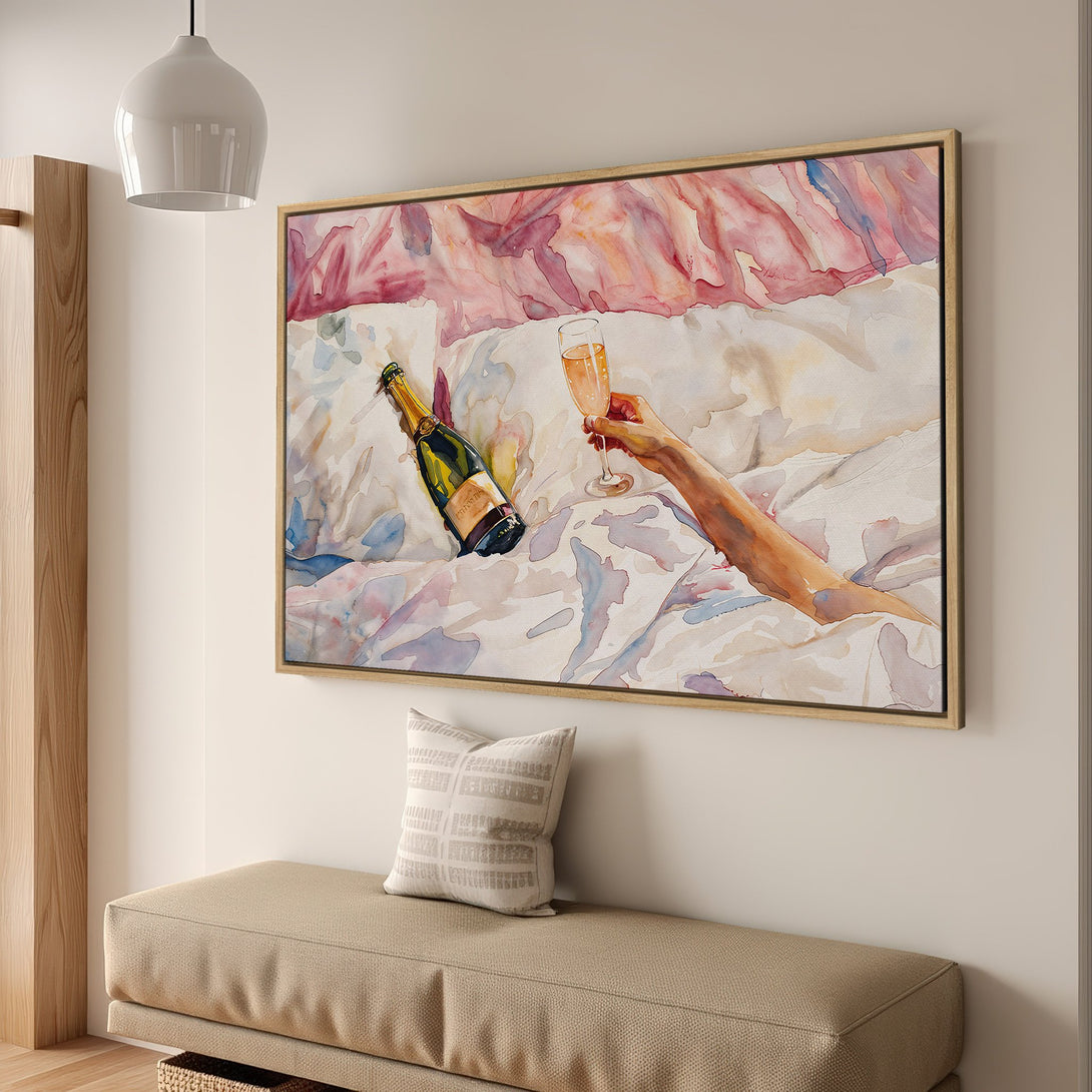 Framed Wall Art: Watercolor painting of champagne in bed, blush and pink hues, adding a touch of luxury to any space. Shop now for elegant decor!