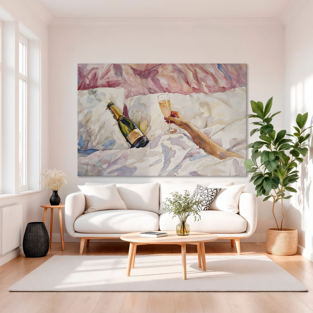 Framed Wall Art: Watercolor painting of champagne in bed, soft pink and blue tones. Perfect for adding a touch of elegance to your home decor.