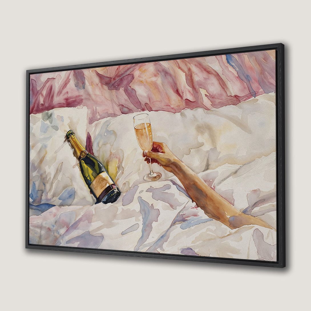 Framed Wall Art: Watercolor painting of champagne and hand in bed, soft pink, blue, and beige color palette. Perfect for bedroom decor.