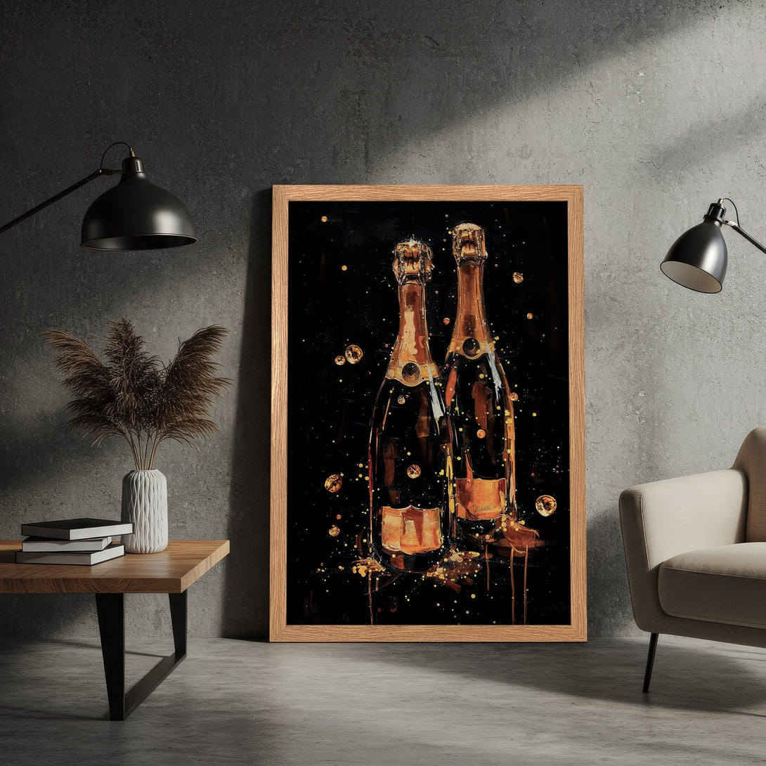 Framed Poster featuring champagne bottles, abstract style, black & gold color palette. Perfect wall art for your home!