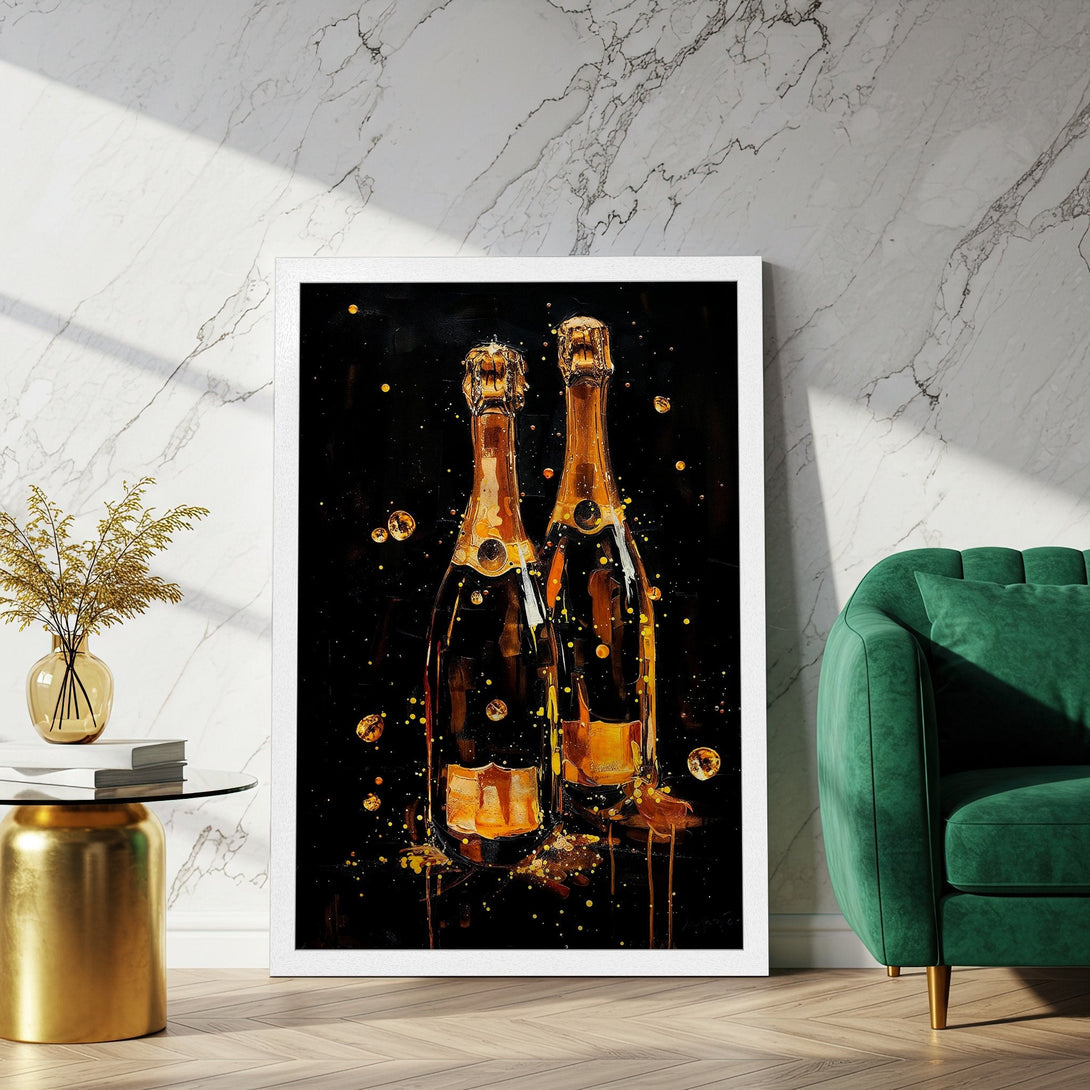 Framed Poster featuring champagne bottles in a modern, abstract style with a black, gold, and amber color palette. Perfect wall art!