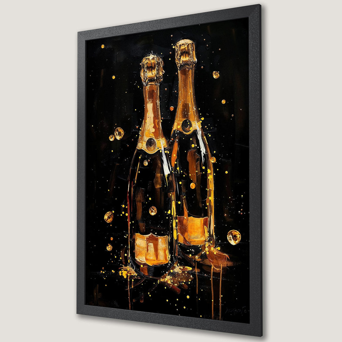 Framed Poster of champagne bottles, abstract art style, gold and black color palette. Perfect for your home decor!