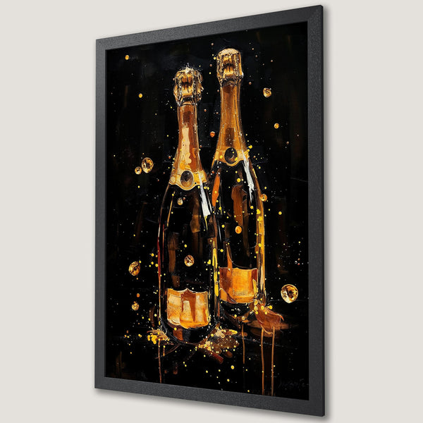 Framed Poster of champagne bottles, abstract art style, gold and black color palette. Perfect for your home decor!