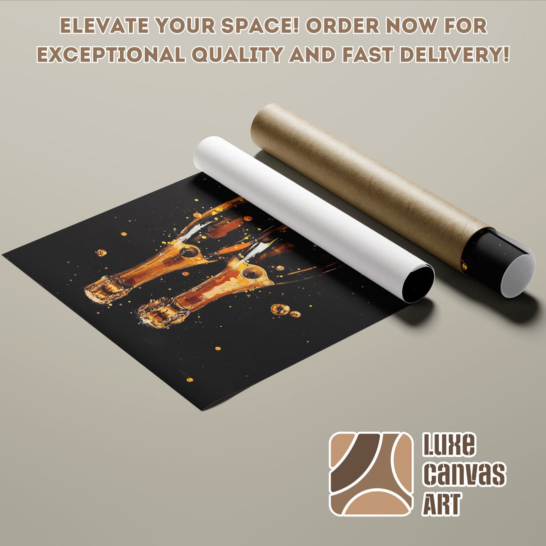 Champagne bottle Poster Roll art, black background with gold accents, modern style. Order now!