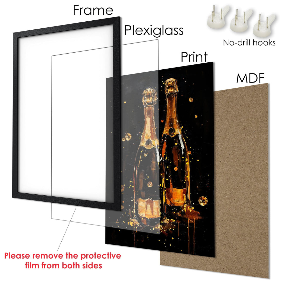 Framed Poster featuring champagne bottles, black and gold color palette, perfect wall art for your home.