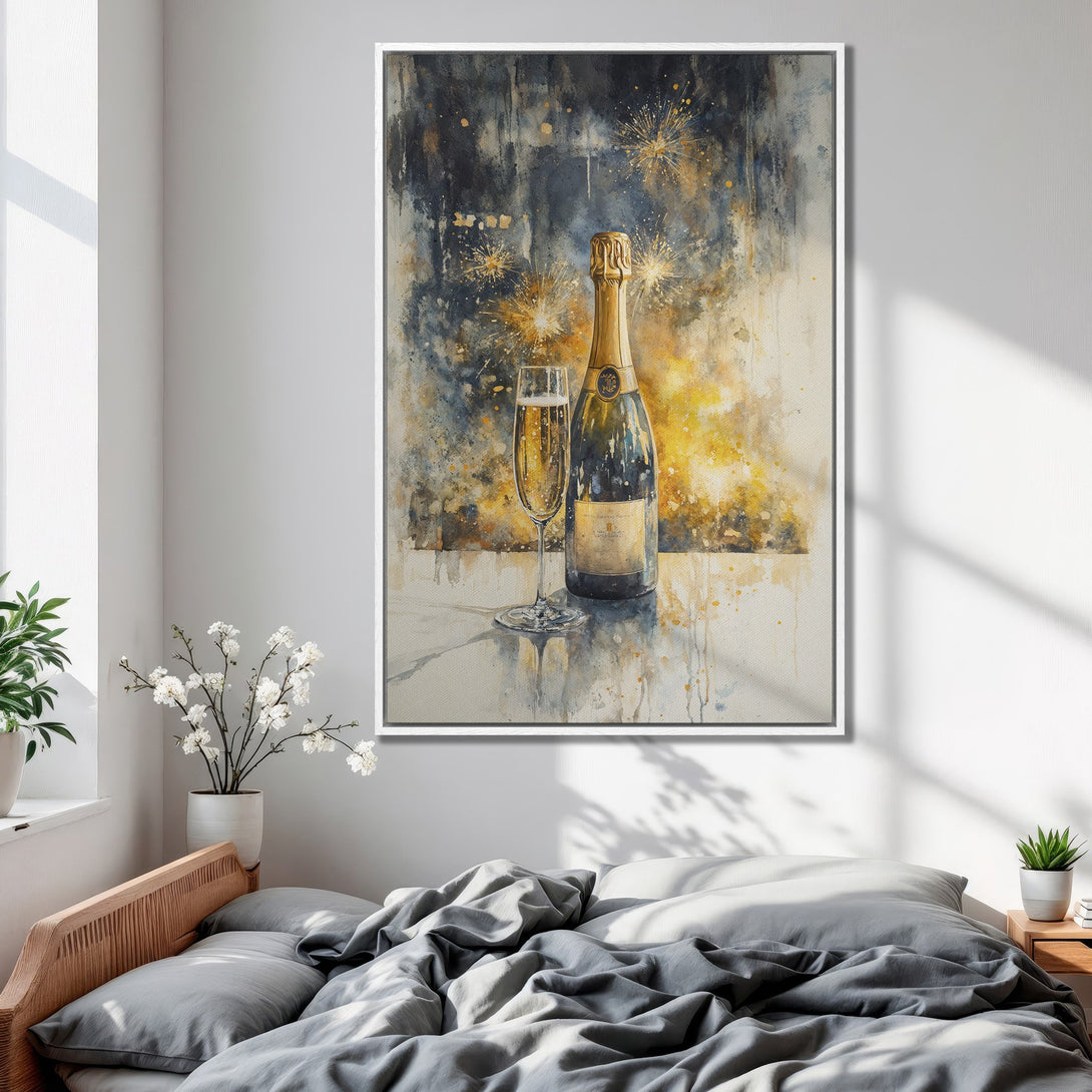 Framed Wall Art: Watercolor champagne bottle & glass. Elegant abstract style with gold, blue, and yellow hues. Perfect for bedroom decor.