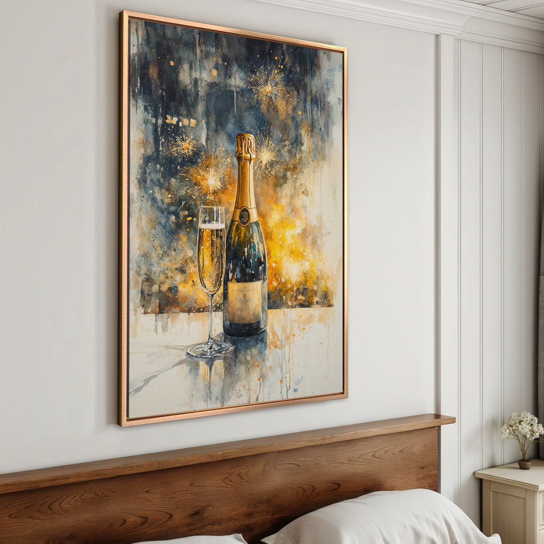 Framed Wall Art: Champagne bottle and glass watercolor painting in a bedroom. Elegant, abstract style with gold, blue, and yellow tones. Perfect for home decor.