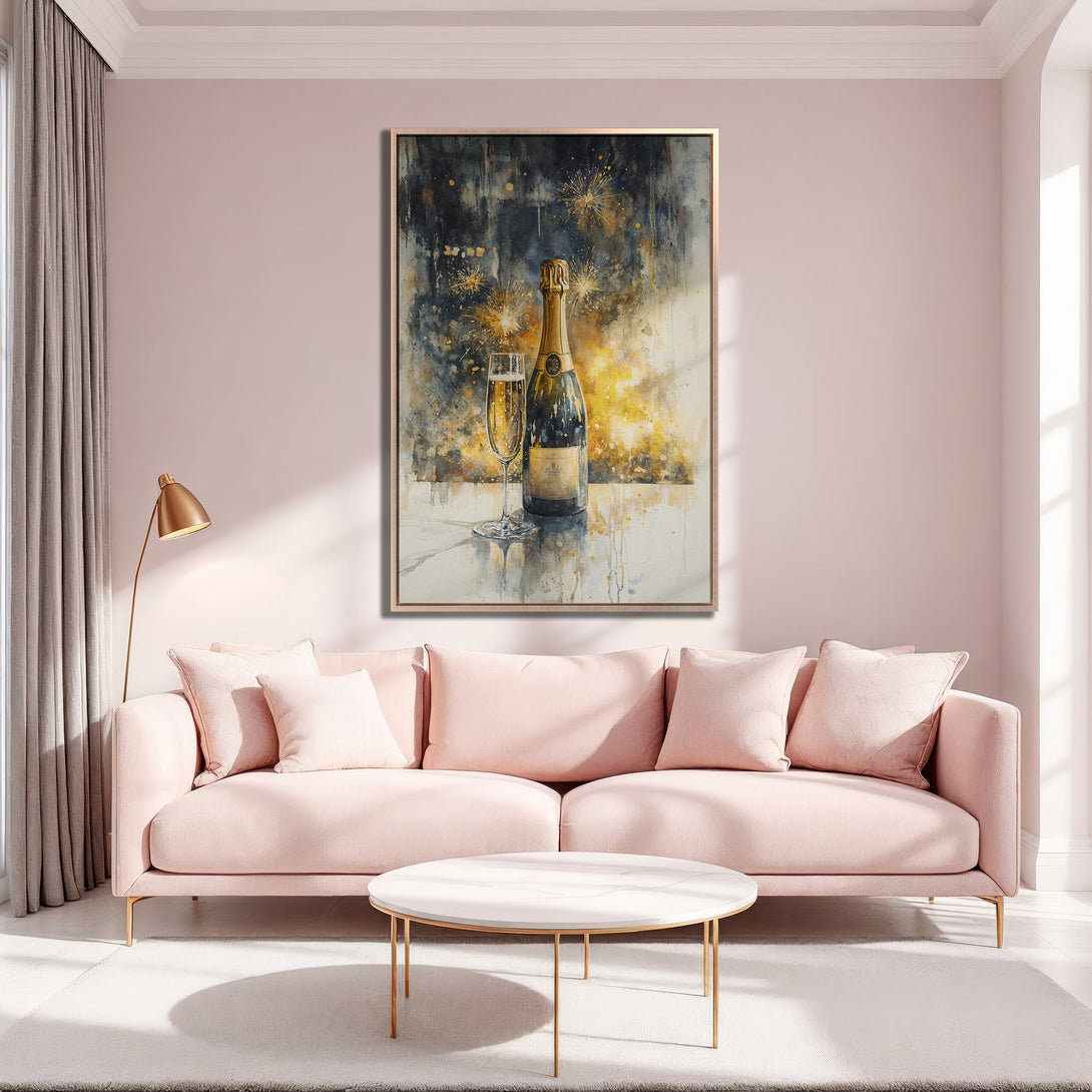 Framed Wall Art featuring a champagne bottle and glass in watercolor style. Elegant decor with a gold, blue, and yellow color palette, perfect for adding a touch of luxury.