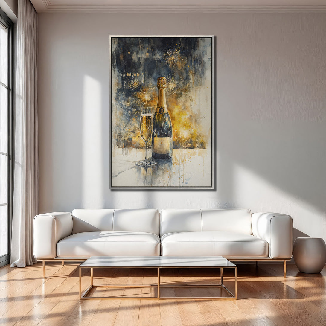 Framed Wall Art: Champagne bottle & glass watercolor print in a modern interior. Blue, gold & white color palette. Elevate your space!