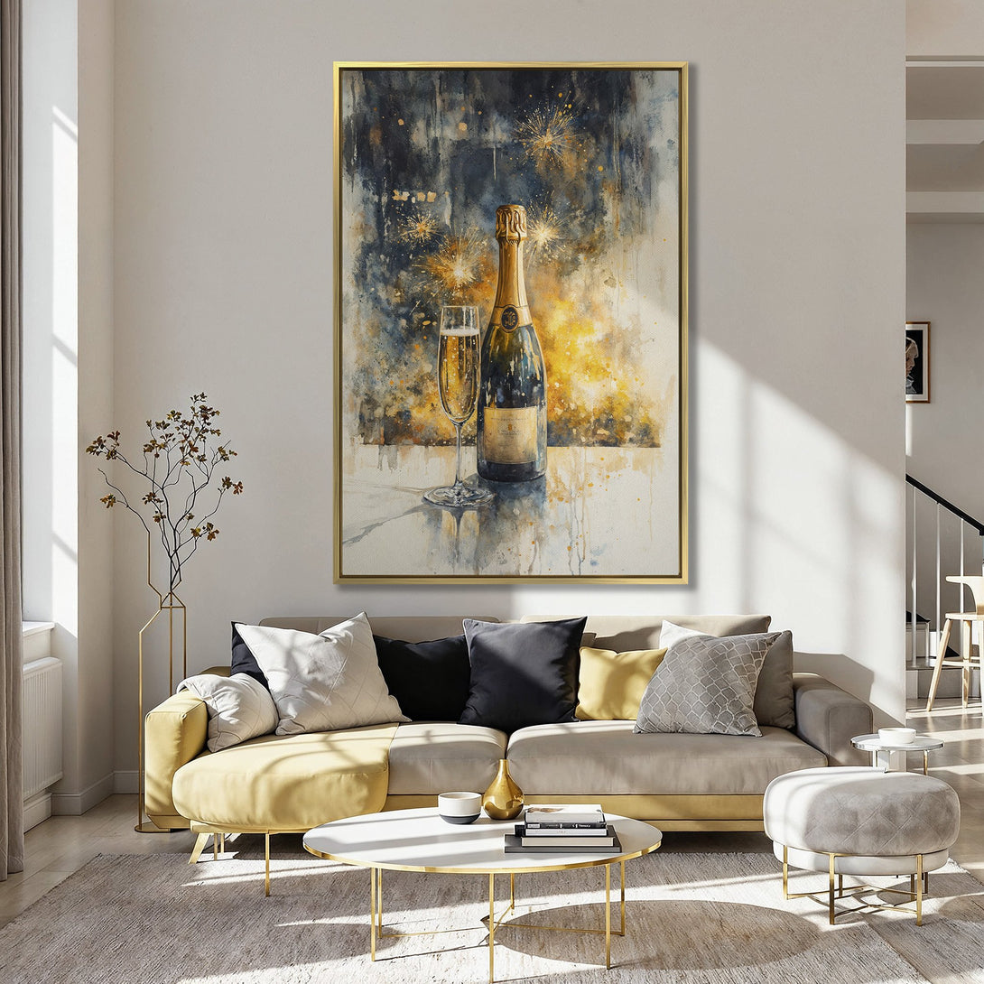 Canvas Print featuring a watercolor champagne bottle and glass. Elegant wall art with a blue, gold, and white color palette, perfect for kitchen decor.