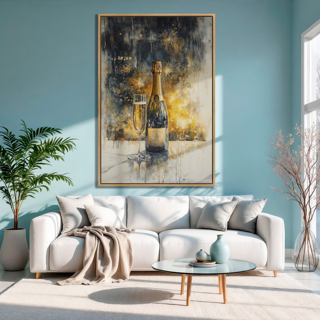 Framed Wall Art: Watercolor champagne bottle & glass. Elegant artwork with gold, blue, and neutral tones. Perfect for modern living room decor.