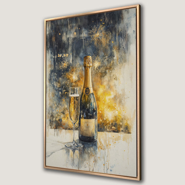 Framed Wall Art: Watercolor champagne bottle and glass. Elegant art with gold, blue, and yellow hues. Perfect for a sophisticated home decor.