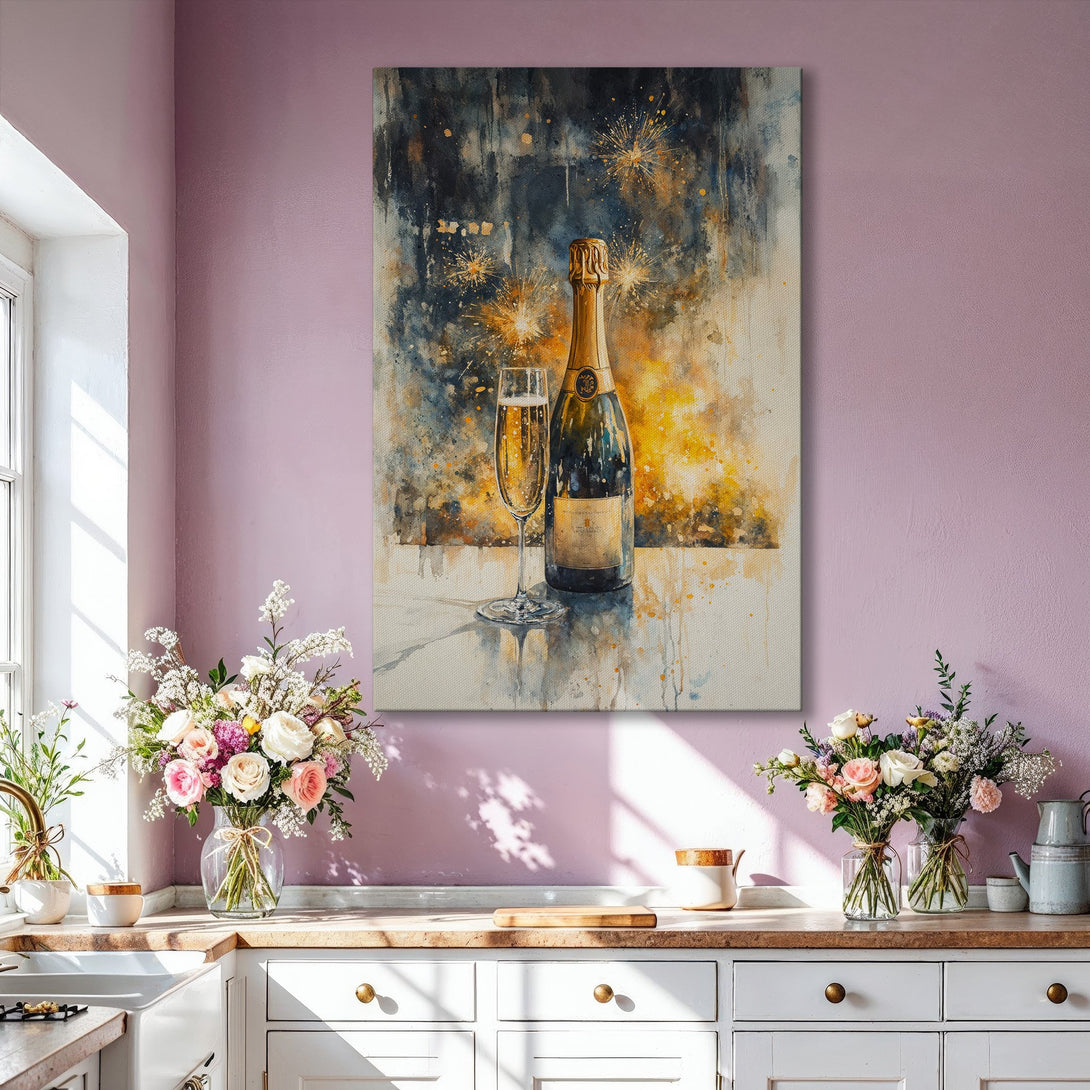 Framed Wall Art: Champagne bottle and glass watercolor painting in a modern living room. Features a gold, blue, and yellow color palette.