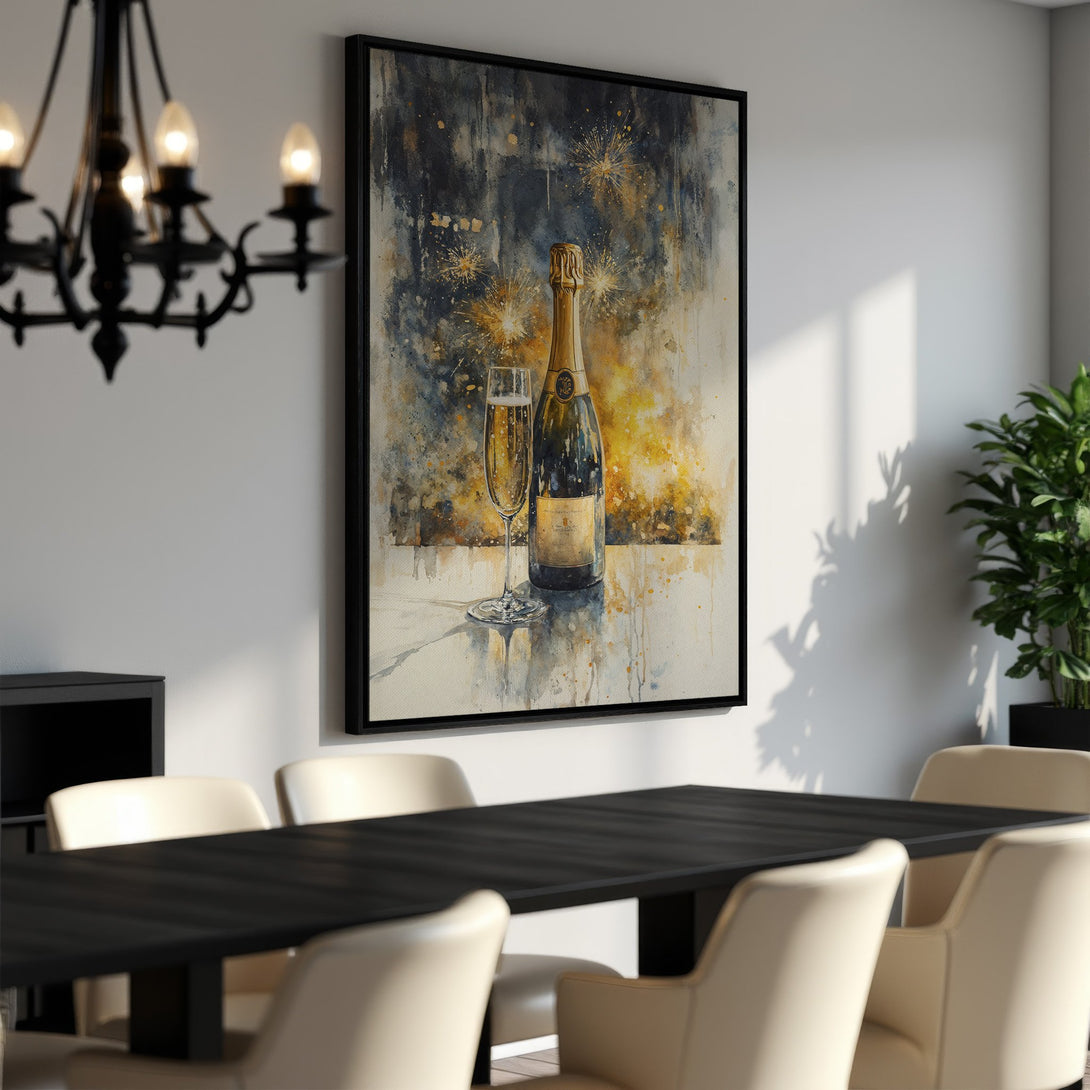 Framed Wall Art: Champagne bottle and glass watercolor painting. Elegant artwork in gold, blue, and white hues. Perfect for dining room decor.