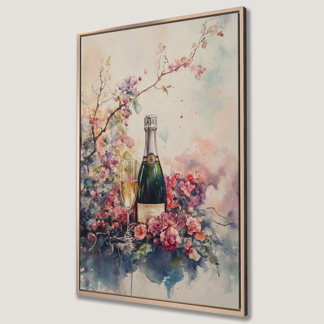 Framed Wall Art: Watercolor painting of champagne bottle, glass, and flowers. Romantic, elegant art in soft pink, blue, and green hues. Perfect for home decor.