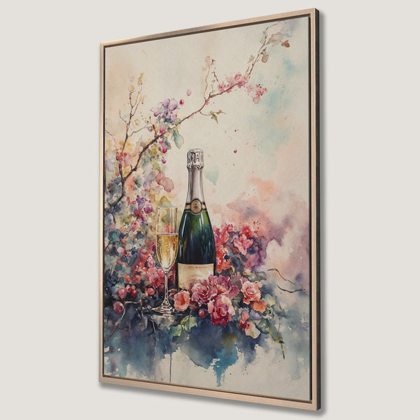 Framed Wall Art: Watercolor painting of champagne bottle, glass, and flowers. Romantic, elegant art in soft pink, blue, and green hues. Perfect for home decor.