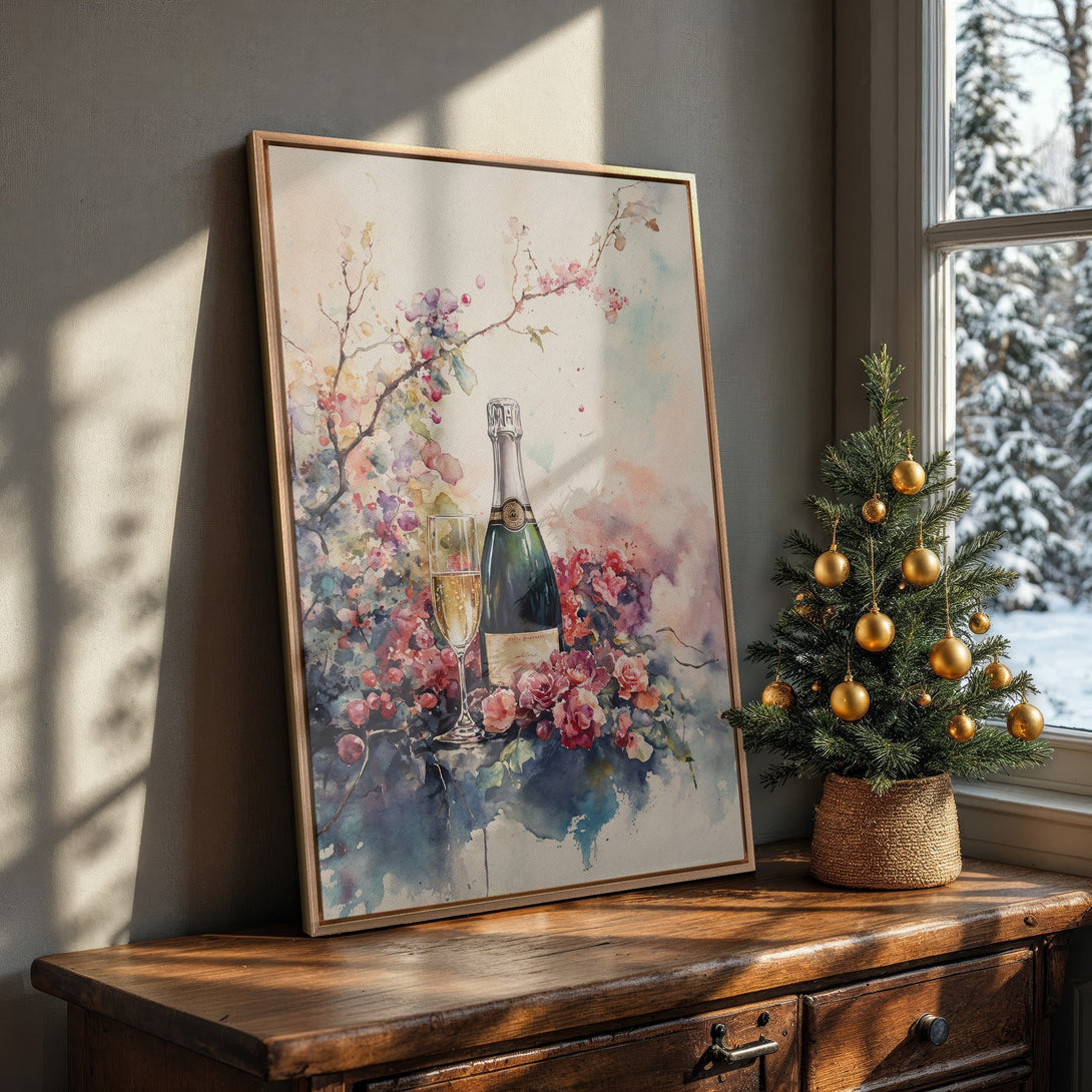 Framed Wall Art: Watercolor painting of champagne & flowers in a soft, romantic style. Perfect for adding elegance to your home decor. Pink & blue hues.