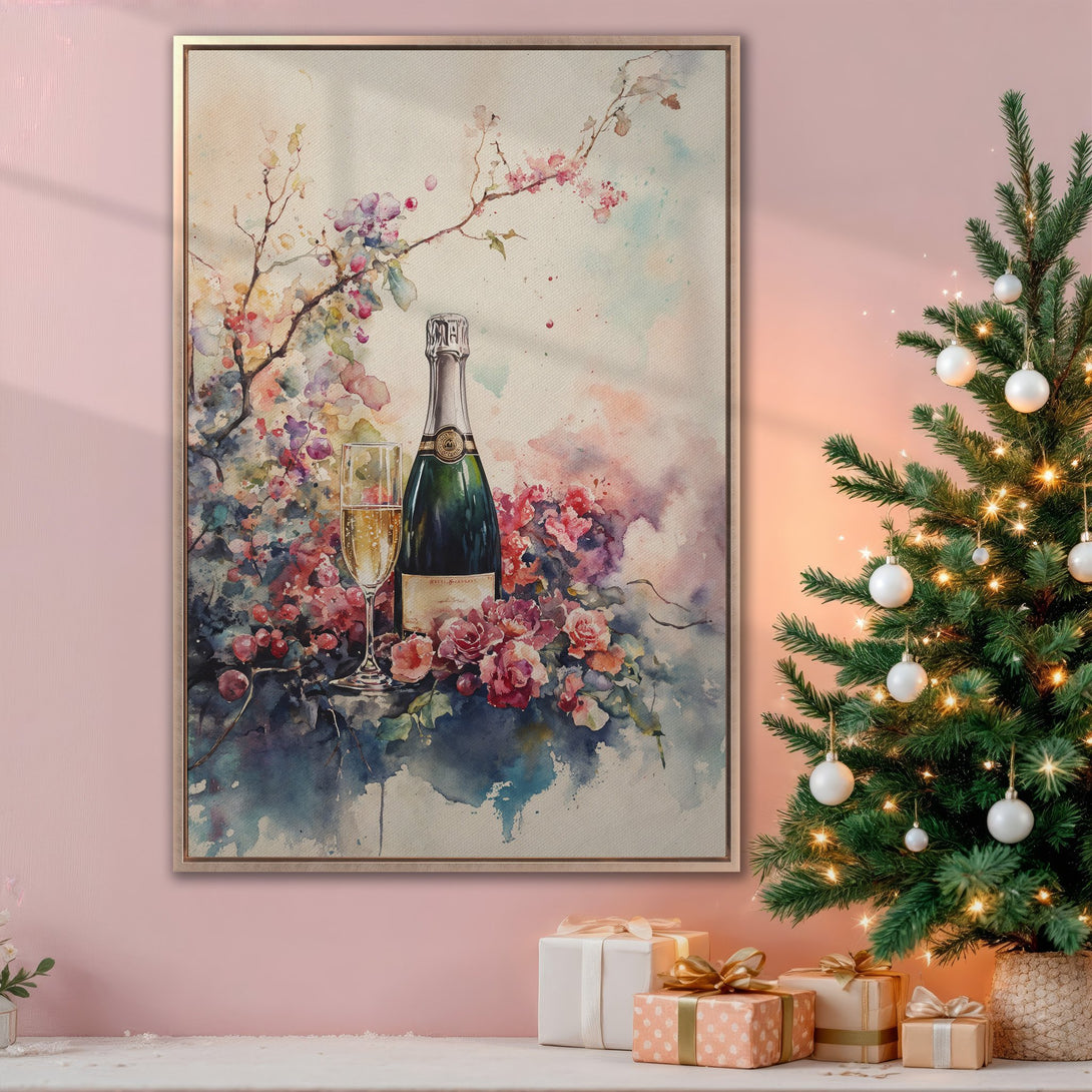 Framed Wall Art featuring a watercolor painting of champagne & flowers. Soft pink, purple, and green color palette. Perfect for adding elegance to your holiday decor.