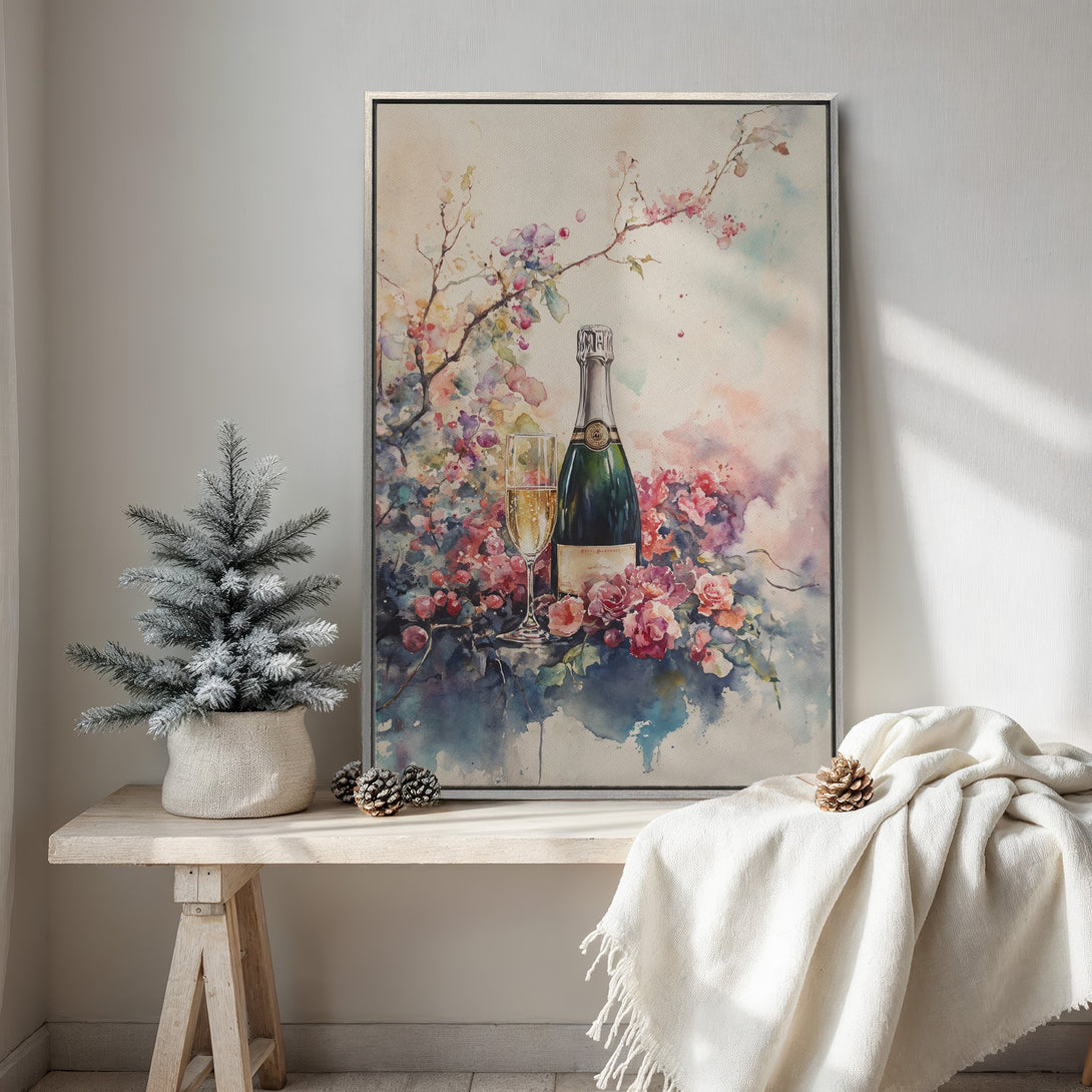 Framed Wall Art featuring a watercolor painting of champagne and flowers in a soft, pastel color palette. Perfect for adding elegance to any space.