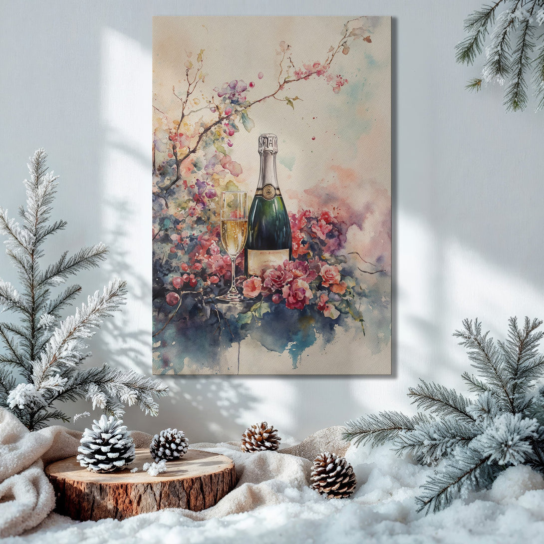 Framed Wall Art featuring watercolor champagne and flowers, displayed in a festive interior with a Christmas tree. Soft pastel color palette.