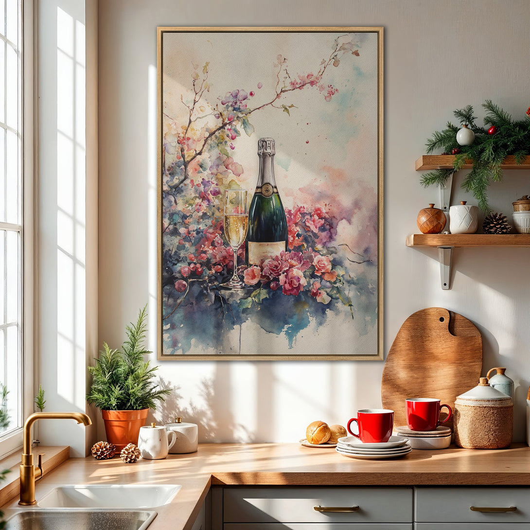 Framed Wall Art: Watercolor champagne bottle & flowers in a kitchen. Soft, romantic art with pink, blue, and green hues. Perfect for home decor.