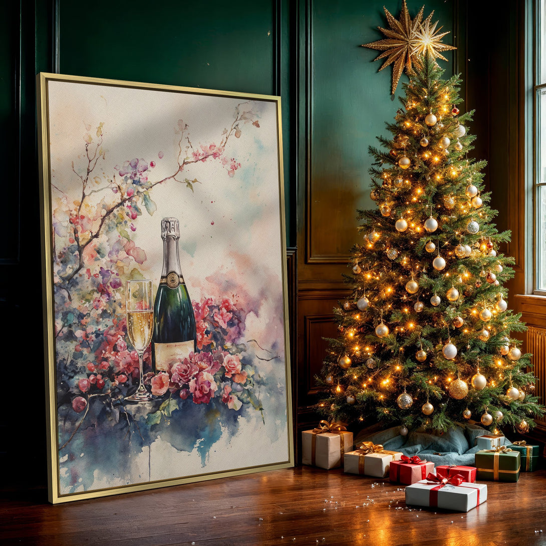 Canvas Print featuring a watercolor floral still life with champagne bottle. Soft, pastel color palette. Perfect wall art for any room.