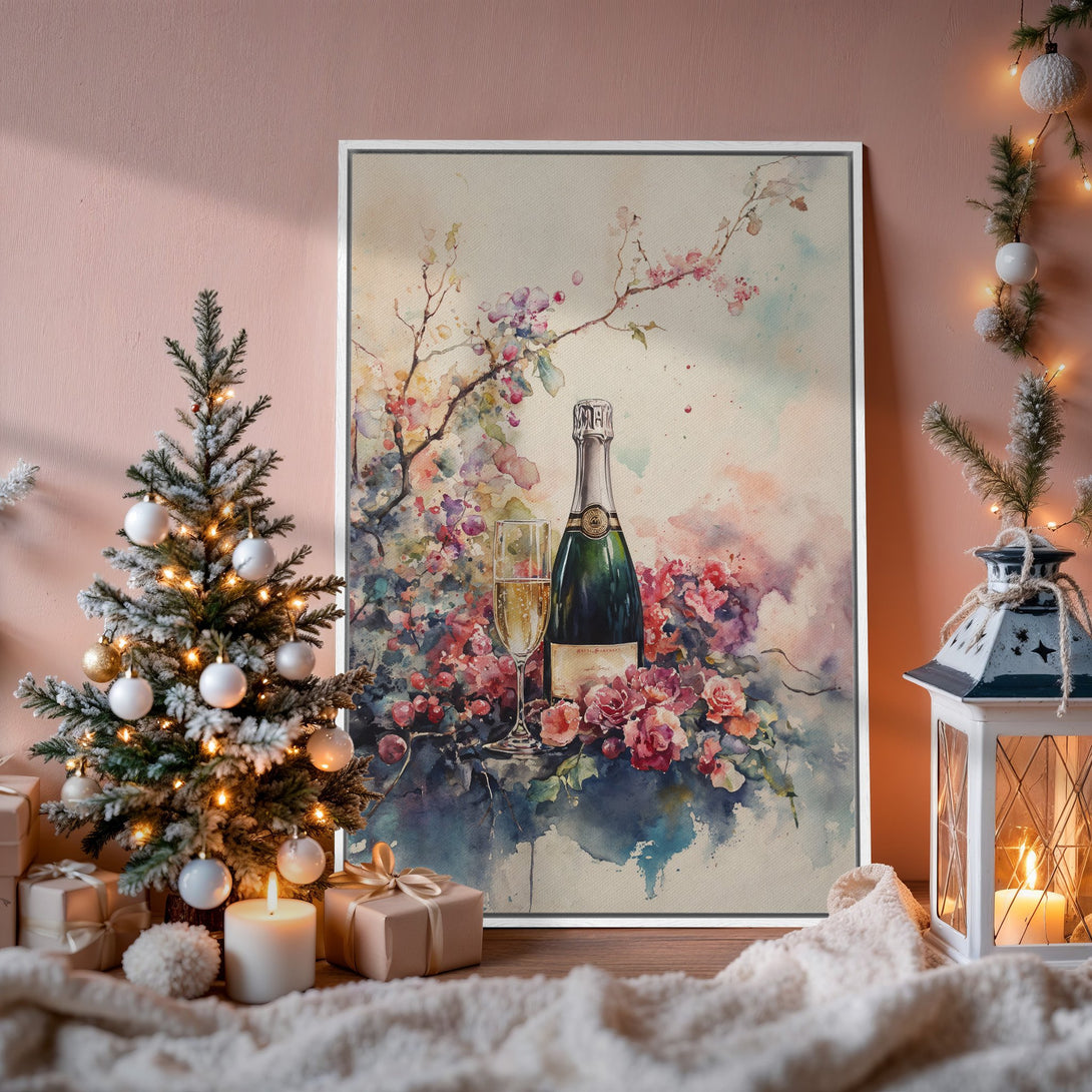 Framed Wall Art: Watercolor champagne and floral print in a romantic, pastel color palette. Perfect for adding elegance to your home decor.
