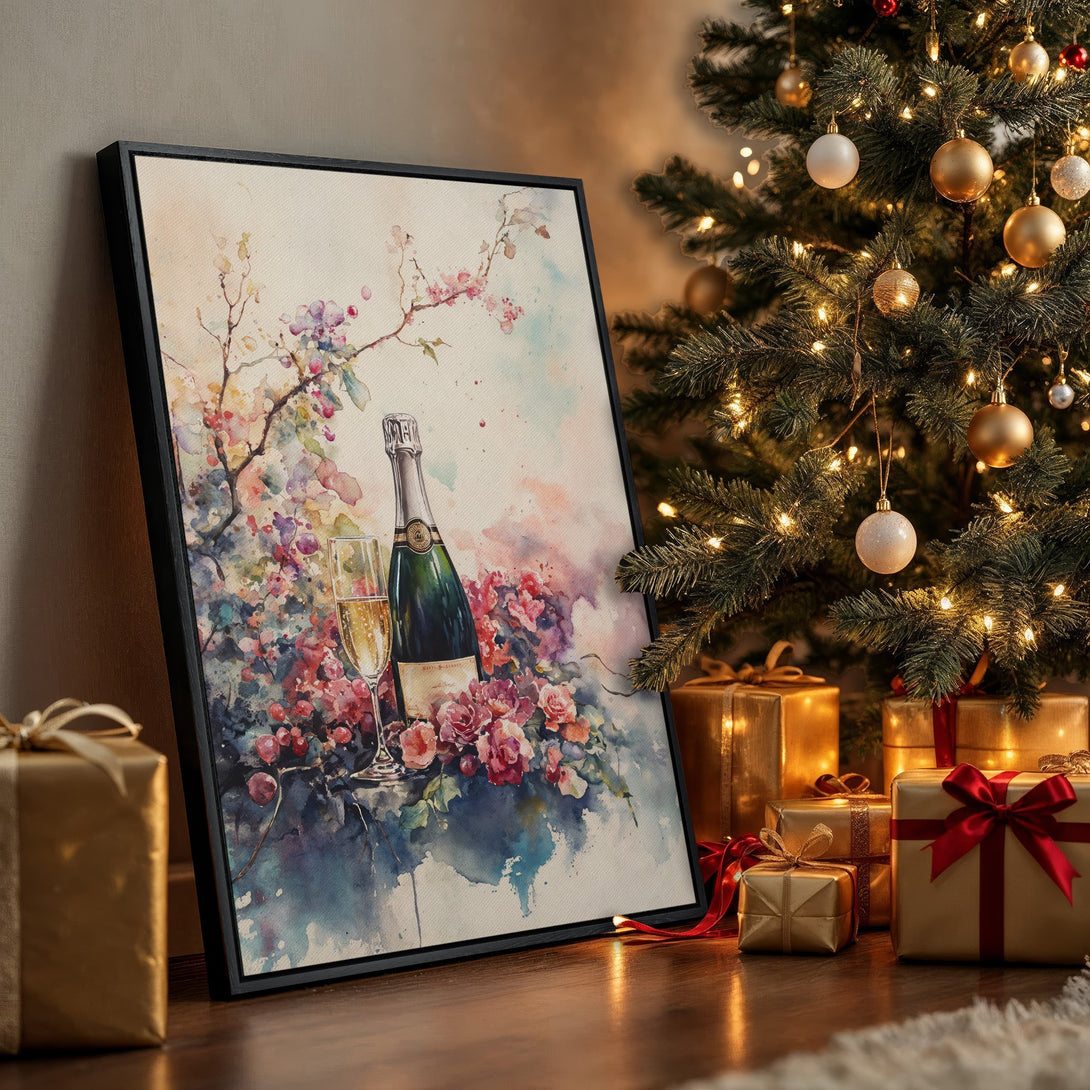 Framed Wall Art: Watercolor champagne bottle and flowers in a warm, festive scene with a Christmas tree. Perfect for holiday decor!